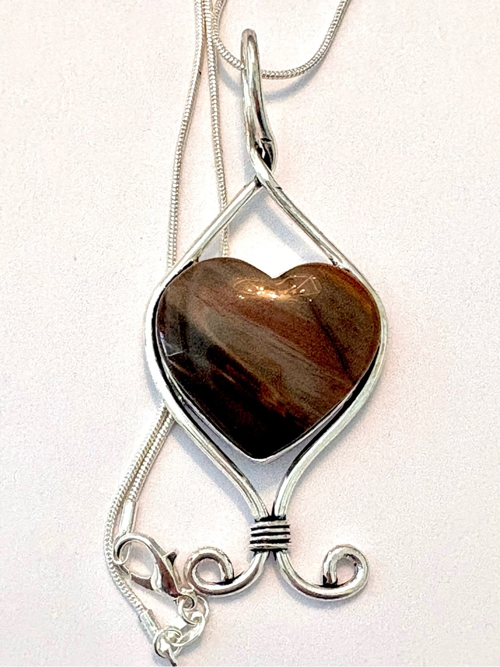 3 inch, 925 marked, heart shaped Jasper pendant, on a silver chain